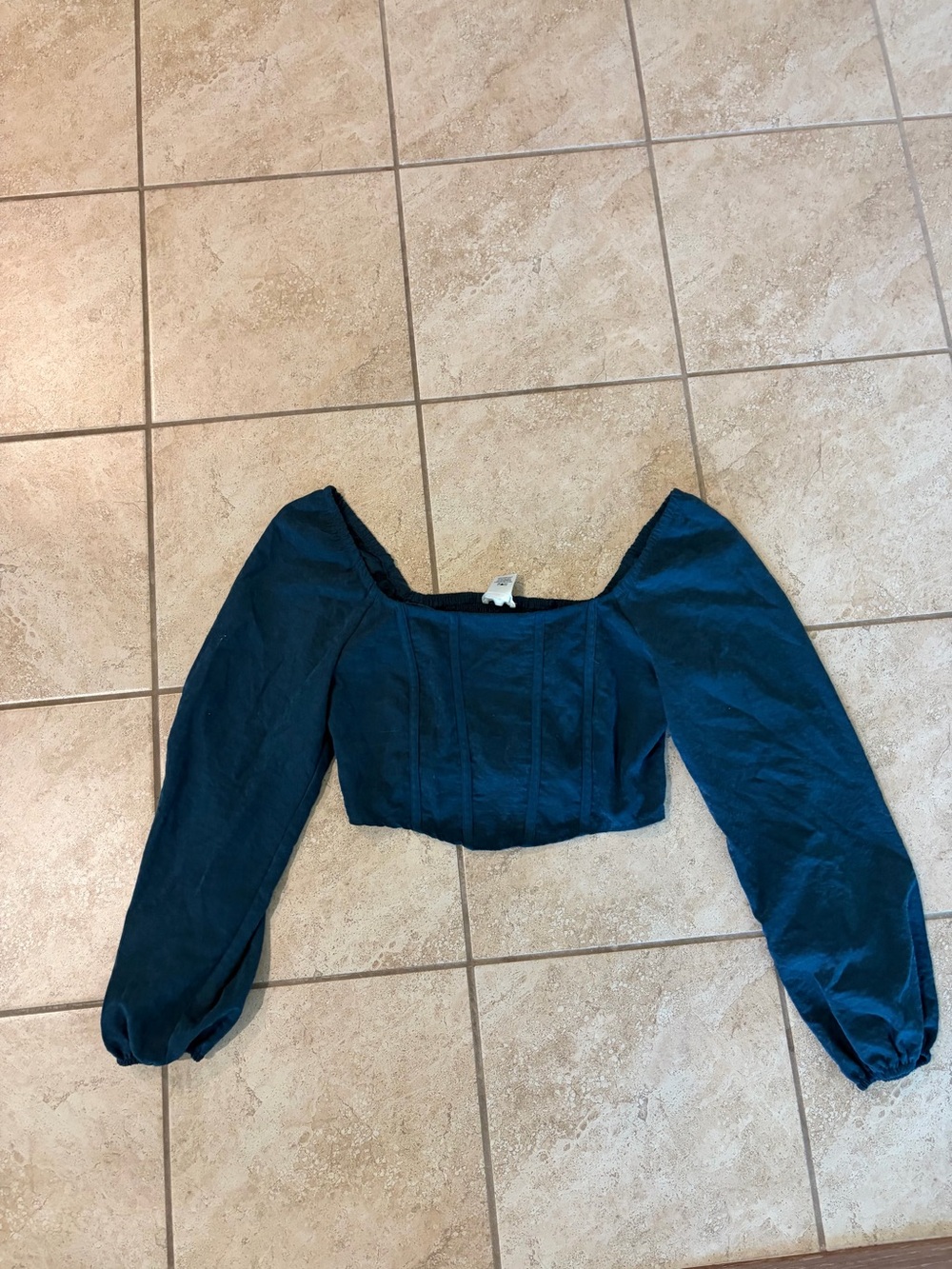 Square Neck Long Sleeve Cropped Top in Dark Teal